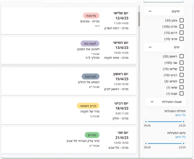 Workshop list with filters by area, day and activity hours