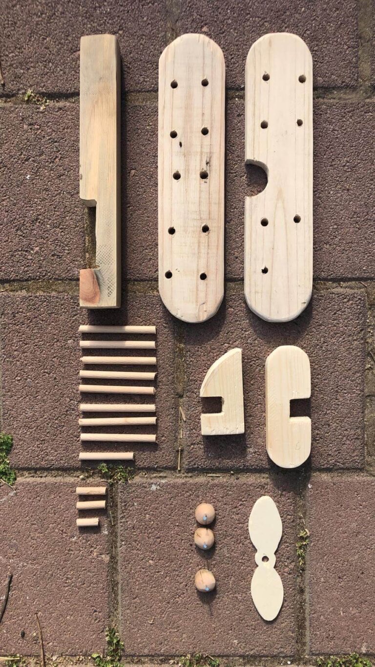 Wooden shapes and pieces on a wall